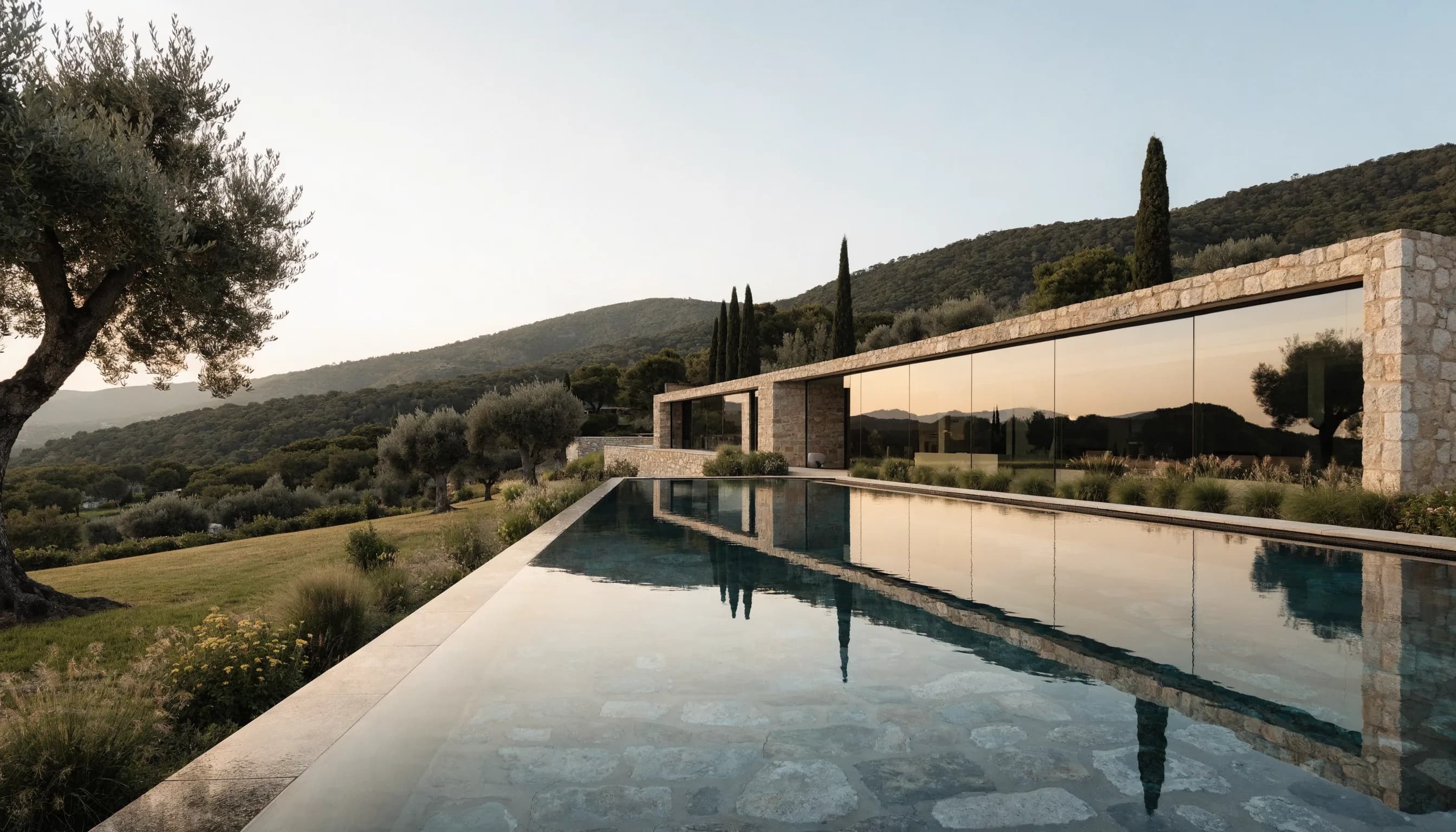 Contemporary Provençal stone-and-glass villa with infinity pool, olive trees and the wooded hills of the Côte d'Azur hinterland at golden hour