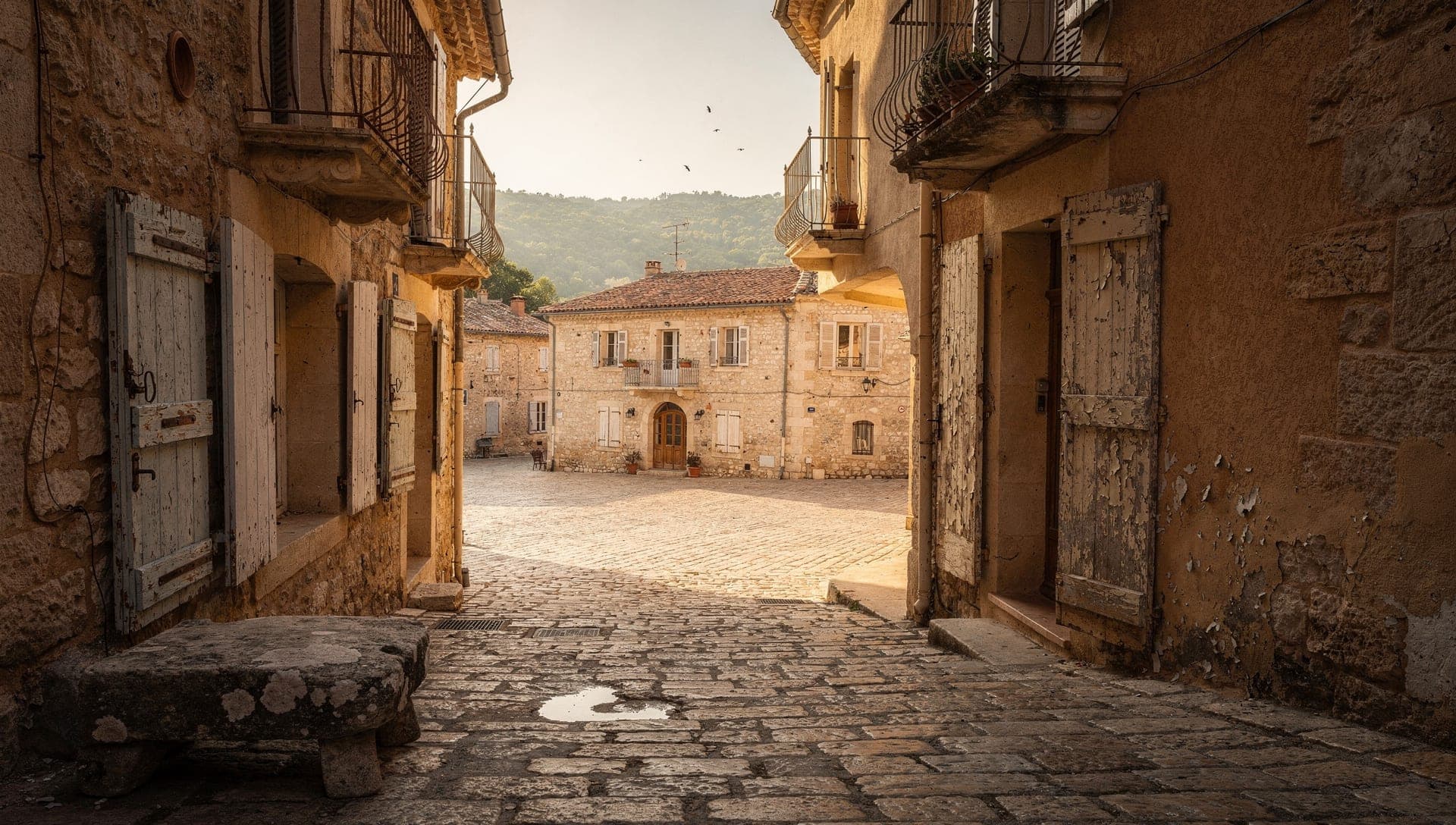 Warm morning light in a stone-paved square in the historic hilltop village of Biot, French Riviera hinterland