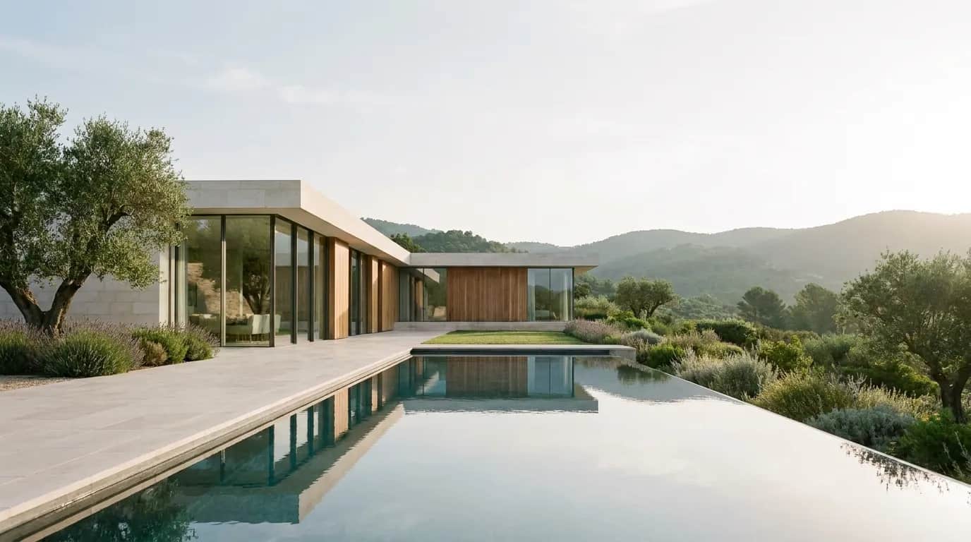 Contemporary luxury country villa with floor-to-ceiling glass and infinity pool framed by olive trees, French Riviera hinterland