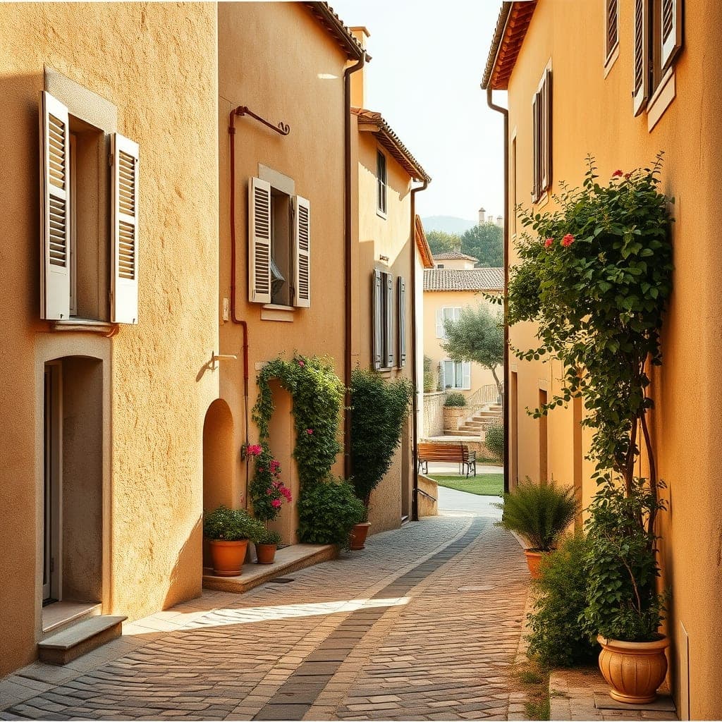 Maisons de village en pierre et oliveraies dans l'arrière-pays niçois près de Valbonne et Opio, Alpes-Maritimes, lumière chaude d'après-midi