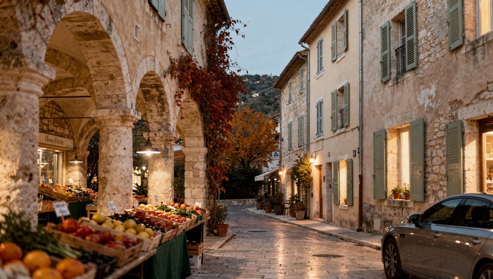 Village perche de Biot et ses toits de tuiles au-dessus de la vallee de la Brague, Alpes-Maritimes, Cote d'Azur