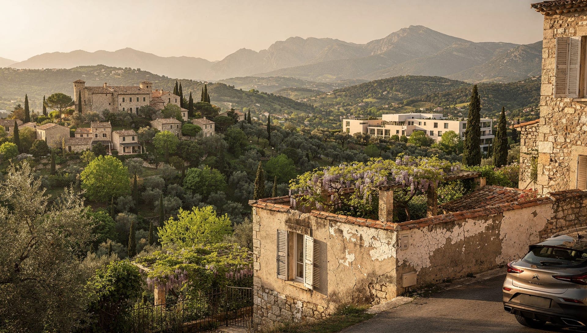 Village medieval perche de Biot aux toits de terre cuite au-dessus de la vallee de la Brague, Alpes-Maritimes, Riviera francaise