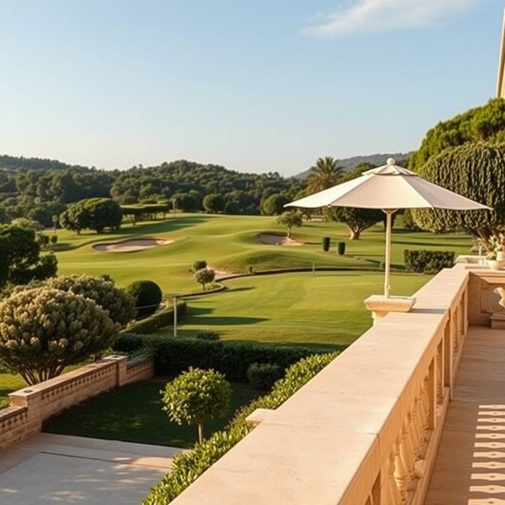 Fairway and umbrella pines on a hinterland golf course above Cannes at golden hour, stone villas beyond.