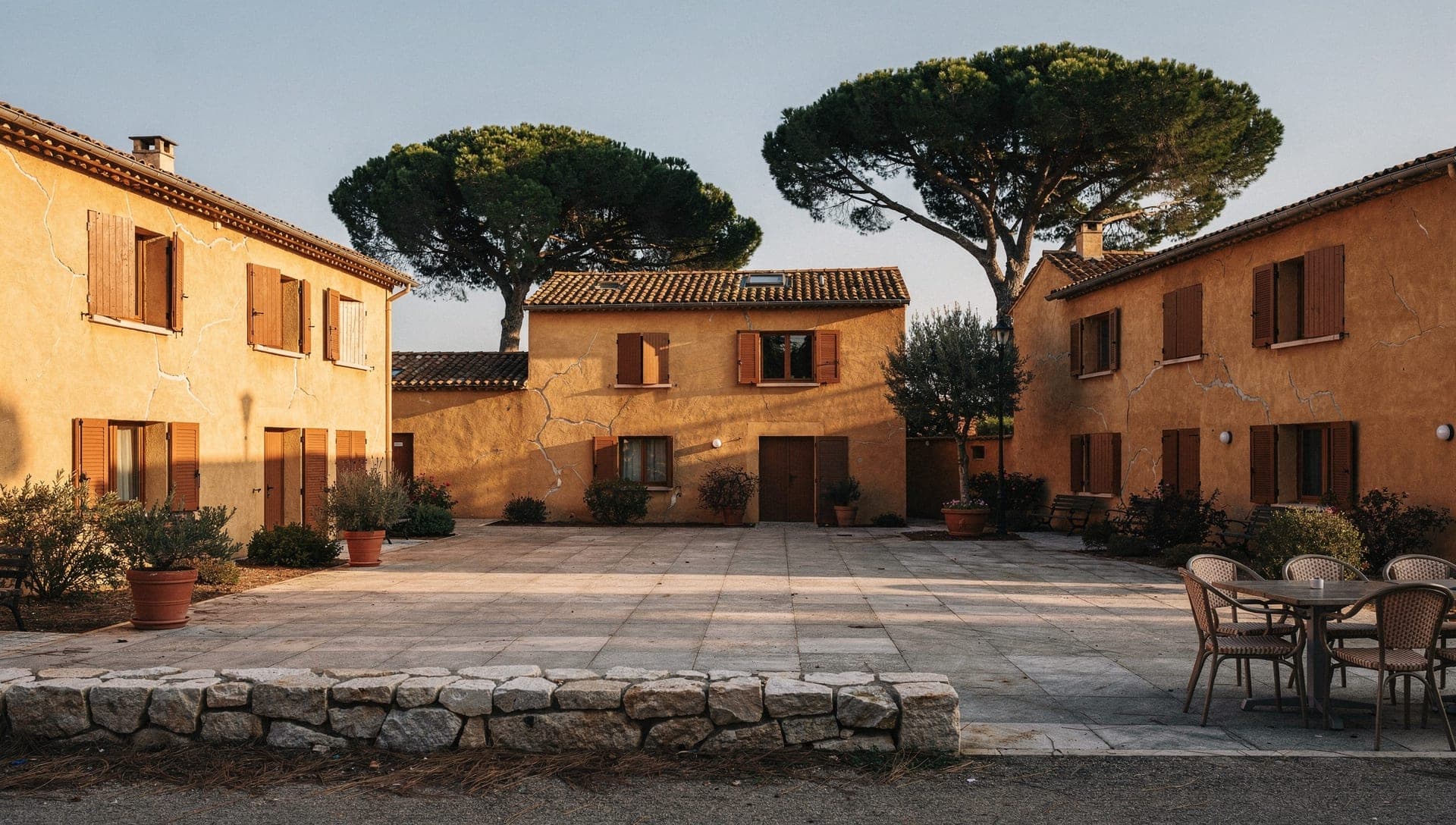 Ochre-rendered low apartment buildings with timber shutters and umbrella pines around a paved square in the Garbejaire quarter of Valbonne in early morning light