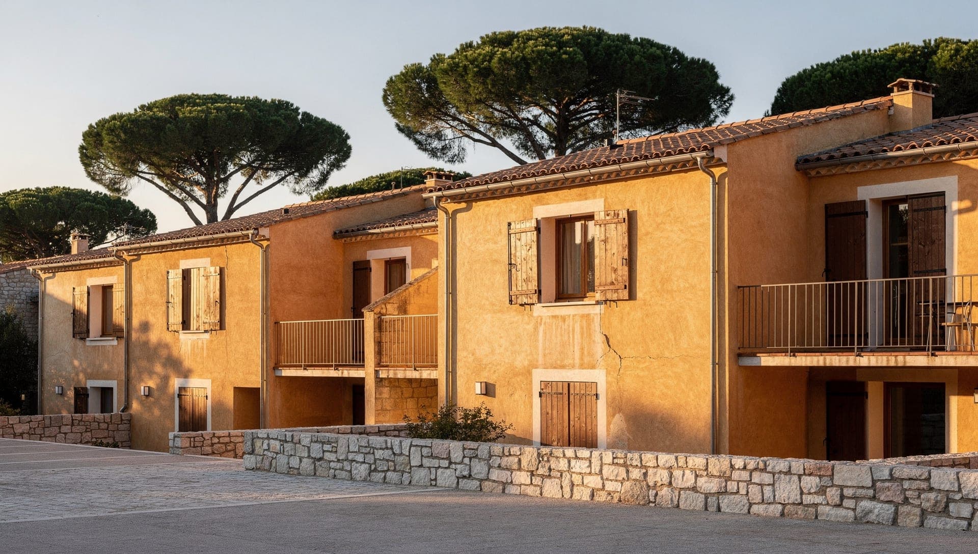 Ochre-rendered low apartment residences with timber shutters and balconies above a dry-stone wall, umbrella pines behind, in the Riviera hinterland in late-afternoon light