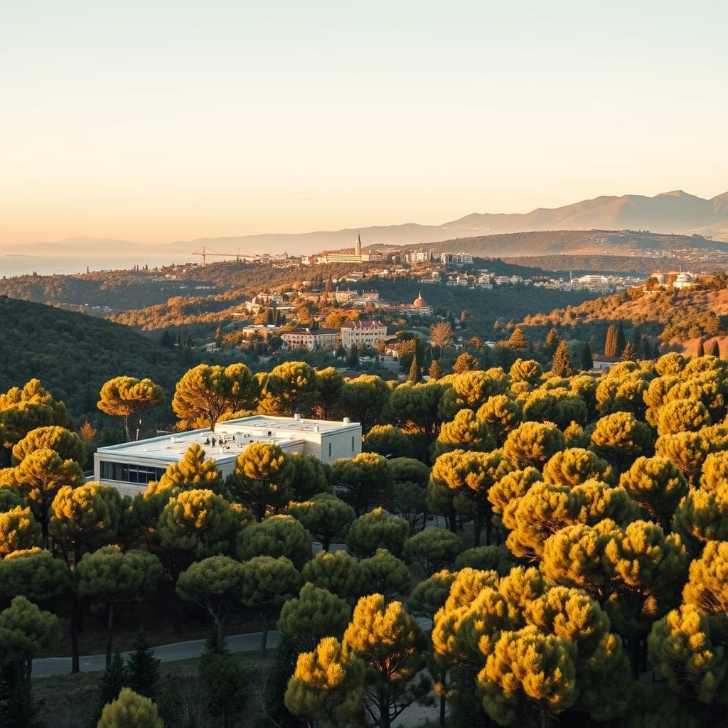 Morning light over the pine forest and low office buildings of Sophia Antipolis technology park with the medieval village of Valbonne in the distance, French Riviera hinterland