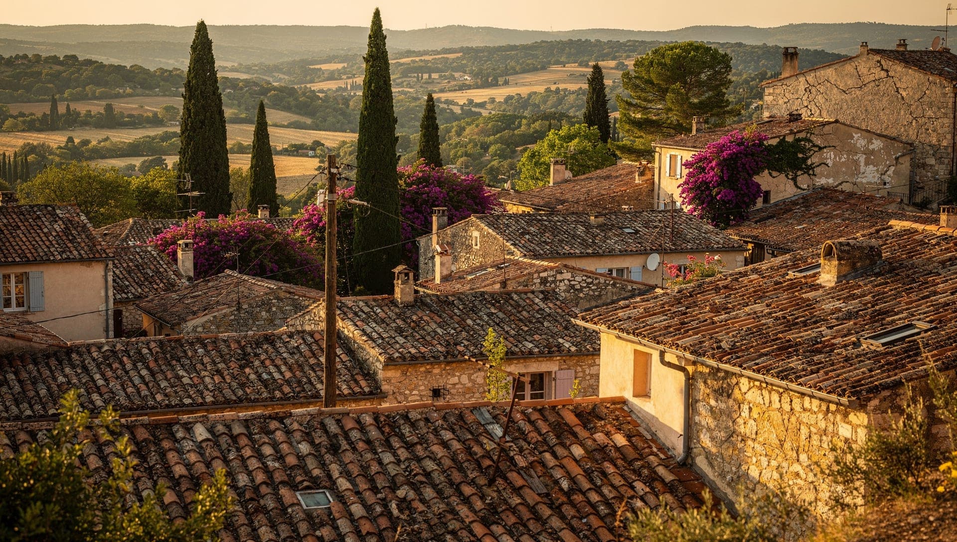 Vue large sur la vallee boisee de Mougins avec pins parasols et villas en pierre sous la lumiere de fin d'apres-midi