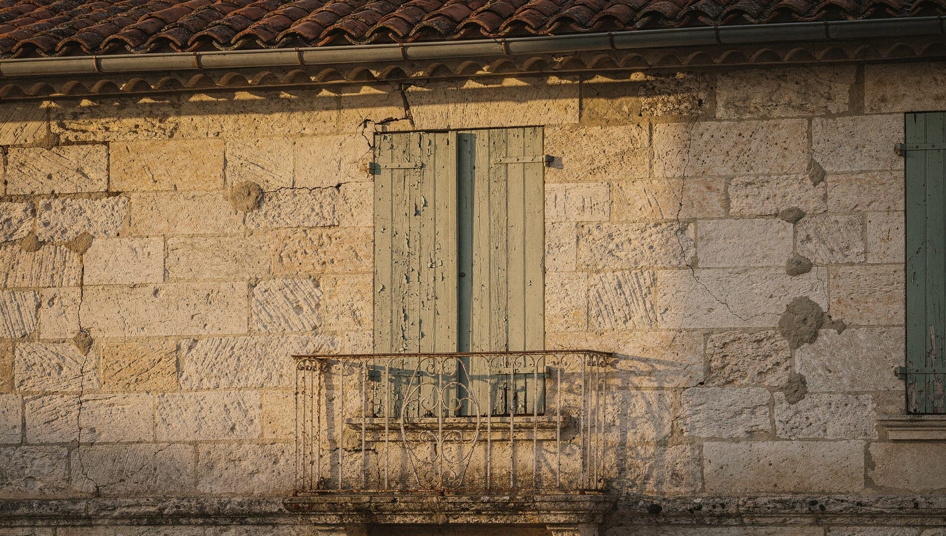 Facade en pierre calcaire patinee aux volets vert sauge dans le vieux village de Valbonne en fin d'apres-midi