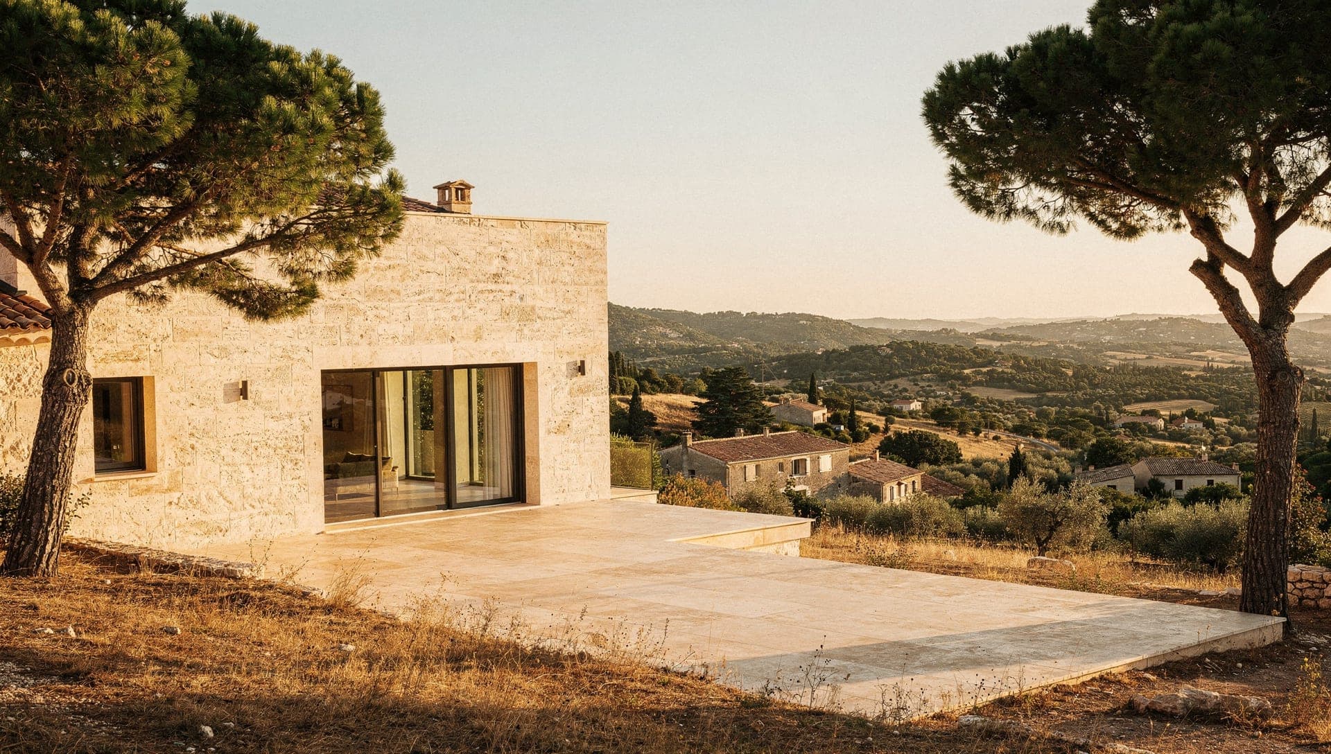 Honey-coloured stone Provençal villa with shutters and a terrace among olive trees in the Riviera hinterland