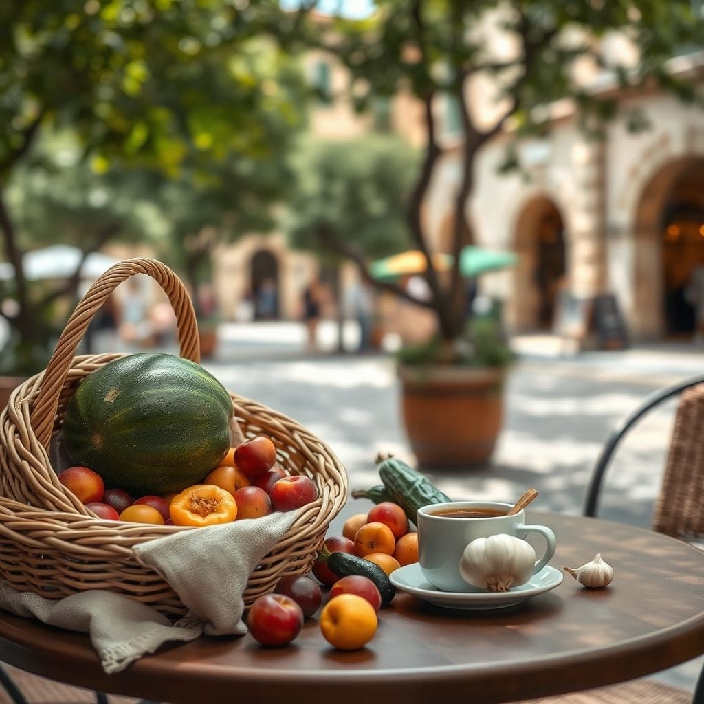 Morning market stalls beneath the arcades of a village square in the French Riviera hinterland