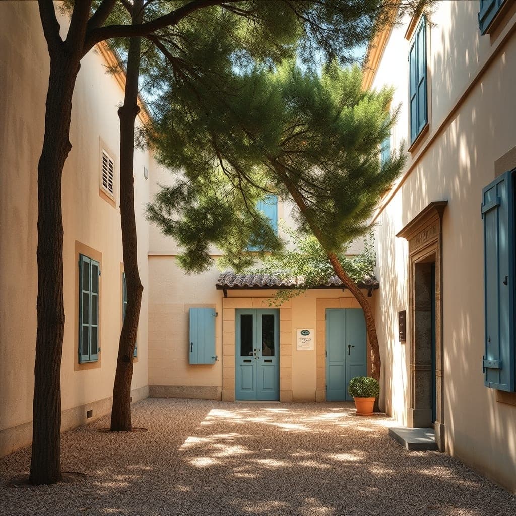 Stone village school courtyard shaded by plane trees in Valbonne, Alpes-Maritimes, near Sophia Antipolis, soft morning light