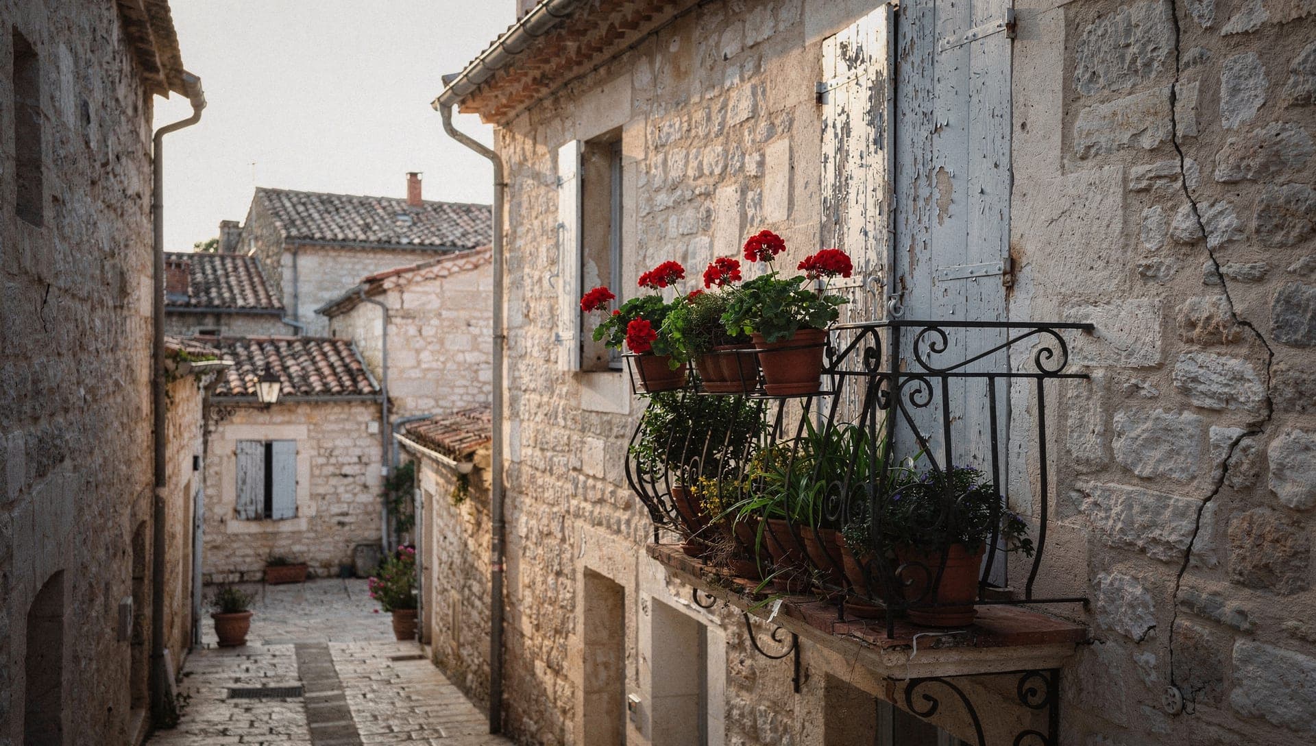 Arcaded stone lane off the Place des Arcades in Valbonne old village in late-afternoon light